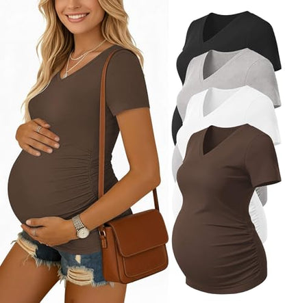 Ekouaer Maternity Shirts 4 Pack V Neck Pregnancy Clothes Summer Tops Tshirt - color: Black/Brown/Grey/White, size: Medium