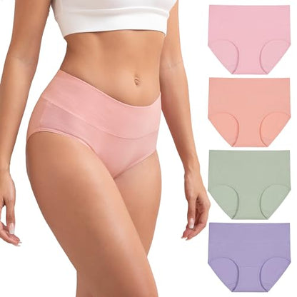 INNERSY Women's Cotton Underwear High Waist Ladies Briefs Full Coverage Panties 4-Pack - color: Macaron, size: Large