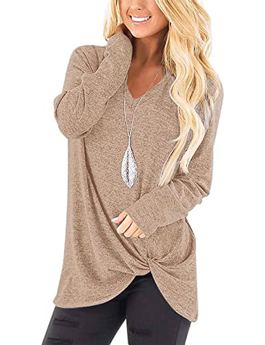 SimpleFun Womens Tops Long Sleeve Shirts V Neck Loose Twist Knot Fall Tunic - color: 02-beige, size: Large