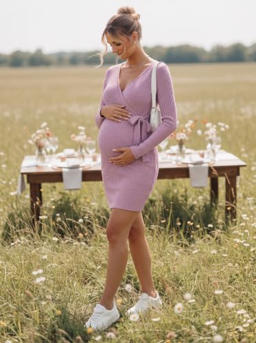 BLENCOT Maternity Dress Fall Long Sleeve Wrap Bodycon Pregnancy Dresses - color: Pink, size: XX-Large