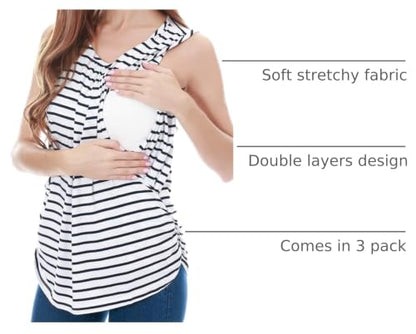 Smallshow Women's Maternity Nursing Tank Tops Breastfeeding Clothes 3-Pack - color: Black-dark Grey-white Stripe(3 Packs), size: Large