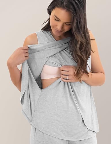 SWOMOG Women Maternity Pajama Set Nursing Pjs Double Layer Sleeveless Top Capri Pregnancy Set Breastfeeding Pjs with Pockets - color: Grey, size: Small