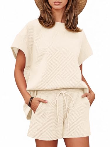 Tankaneo Womens Short Sets 2 Piece Outfits Summer Matching Lounge Set - color: Beige, size: Large