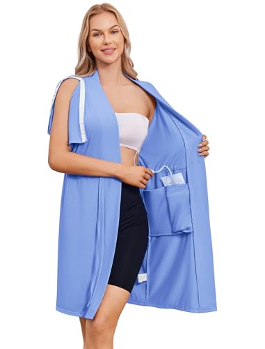 Deyeek Women's Post Surgery Mastectomy Robe with 4 Internal Drain Pockets Short Sleeve Adaptive Nightgowns Pajama Dress Shirt - color: Light Blue, size: Large