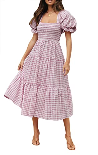 ZESICA Women's Summer Boho Gingham Puff Sleeve Square Neck Beach Midi Dress - color: Taro, size: Large