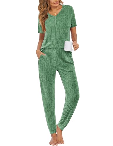 Ekouaer Pajama Sets for Womens 2 Piece Jogger Pants Lounge Set - color: Green, size: Medium