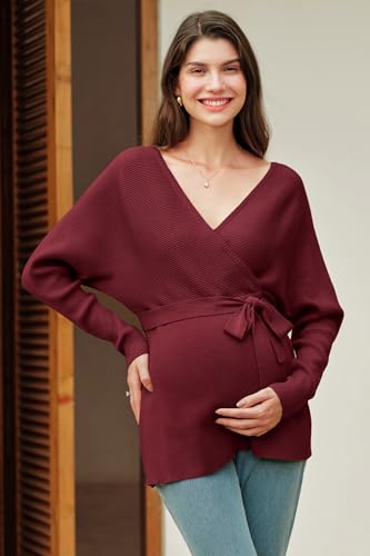 OUGES Womens Soft Cotton Blend Maternity Sweater Wrap V Neck Long Sleeve V Back Fall Shirts Pregnancy Outfits with Belt - color: Wine Red, size: XX-Large
