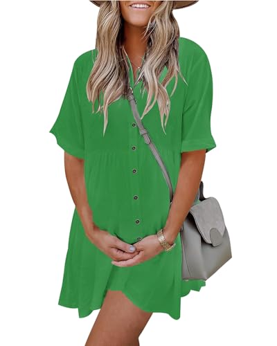 PYGFEMR Women's Short Sleeve Babydoll Dress Button Down Dresses with Pockets - color: Grass Green, size: Large