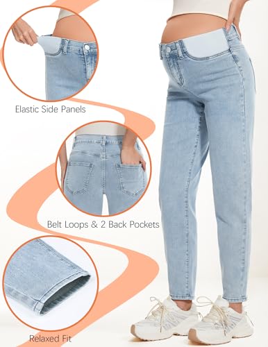 FABRACK Women's Maternity Jeans Mid-Rise Stretchy Boyfriend Jeans Pregnancy Denim Pants with Pockets - color: A02 Light Blue, size: Large