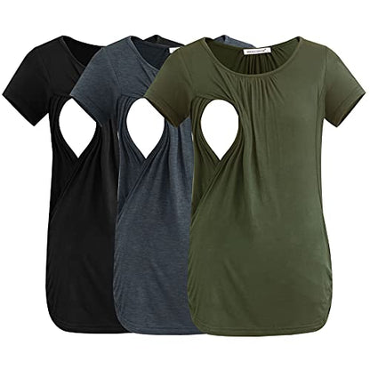 Smallshow Women's Nursing Tops Ruched Short Sleeve Breastfeeding Shirts 3-Pack - color: Army Green-black-deep Grey, size: Medium