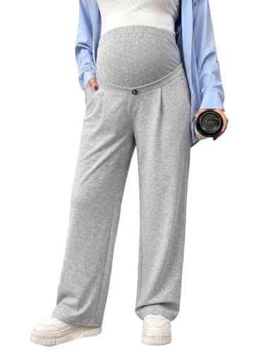 BLENCOT Maternity Pants Over Belly Stretchy Wide Leg Work Trousers - color: Light Grey, size: X-Large