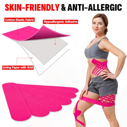 60 Pcs Rose Red Precut Kinesiology Tape Strips, 2in x 10in Kinetic Tape - color: Rose Red