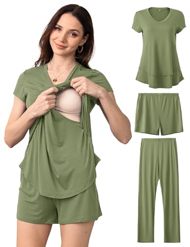 SUNNYBUY 3 PCS Maternity Breastfeeding Pajamas Set with Hidden Nursing Top - color: Army Green, size: Large
