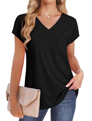 SAMPEEL Women's V Neck Cap Sleeve T-Shirt - color: Black, size: X-Large