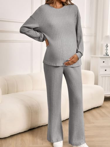 Yousify Womens Maternity Pajamas Sets 2 Piece Outfits Ribbed Knit Lounge Set - color: Grey, size: Medium