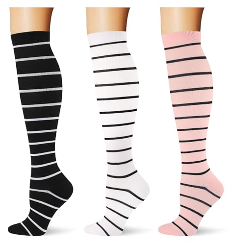 (3 pairs) Compression Socks 20-30 mmHg Long Knee High Socks for Women Men Support Athletic Travel Daily Wear - color: 3p902 Stripe Black/White/Lightpink, size: Small-Medium