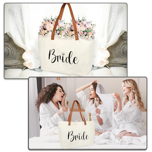 Bride Gifts Canvas Tote Bag with Makeup Bag,Bride to Be,Bridal Shower Gift - color: White-bride