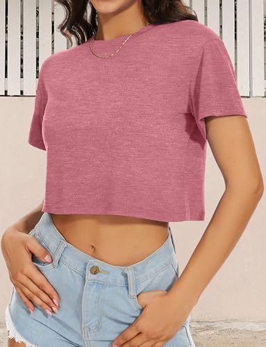 Womens Crop Tops Summer Short Sleeve Round Neck T-Shirts Loose Fit Blouse - color: B Brick Red, size: Medium