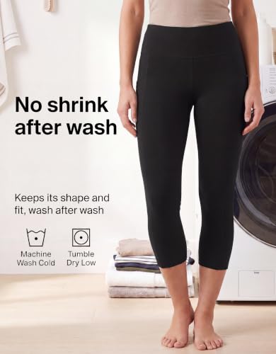 no nonsense Women's Cotton Capri Leggings with Side Pockets Workout Stretch Pants - color: Black, size: X-Large