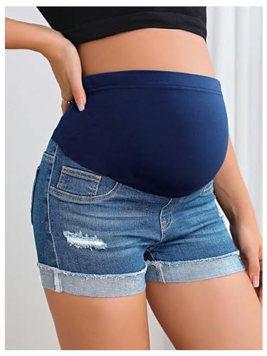 BEAUDRM Women's Maternity Adjustable High Waist Denim Mini Shorts - color: Medium Wash, size: XX-Large