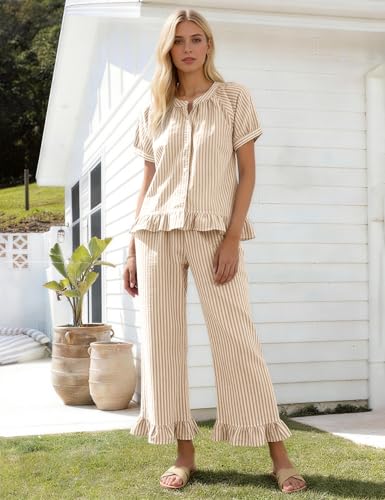 Flygo Womens Striped Pajama Sets Cotton 2 Piece Ruffle Lounge Pjs - color: Khaki, size: Large