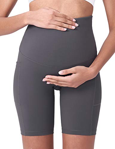 POSHDIVAH Maternity Biker Shorts Over the Belly with Pockets 5"/8" - color: Black Grey, size: Medium