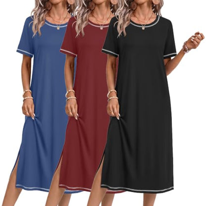 Ekouaer 3 Pack Long Nightgowns for Women Split Hem Sleepshirt - color: Black/Wine Red/Navy Blue, size: 3X-Large