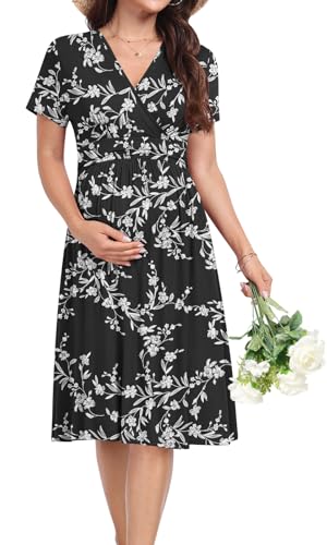 Maternity Dress Summer Wrap Baby Shower Pregnancy Nursing - color: Black Carved White, size: Large