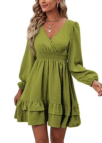 Rooscier Women's Wrap V Neck Swing Ruffle Swiss Dots Long Sleeve Mini Dress - color: Grass Green, size: Small