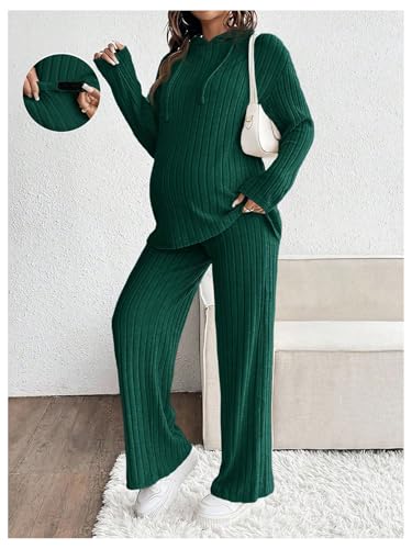 MakeMeChic Women's Maternity 2 Piece Sets Ribbed Knit Hoodie Pants Outfits - color: Dark Green Solid, size: Medium