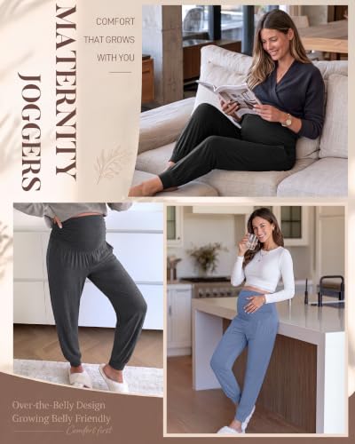 Neer 3 Pack Maternity Joggers Lounge Sweatpants with Pockets - color: Black, Dark Heather Gray, Blue, size: Large