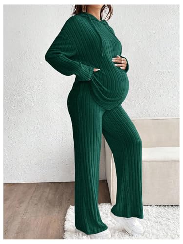 MakeMeChic Women's Maternity 2 Piece Sets Ribbed Knit Hoodie Pants Outfits - color: Dark Green Solid, size: Large