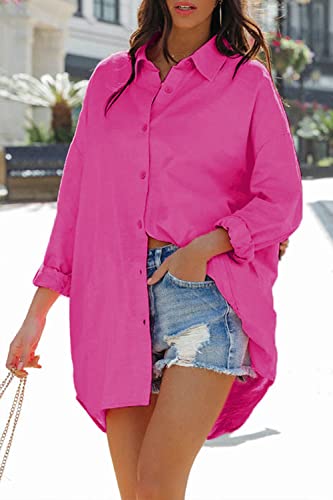 FSHAOES Womens Oversized Button Down Shirts Casual Loose Long Sleeve Solid Lapel Long Blouses Tops with Pockets - color: 06-pink, size: XX-Large