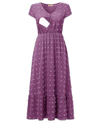 CzzzyL Women Nursing Dresses Cap Short Sleeve V Neck Swiss Dot with Pockets - color: Purple, size: Medium