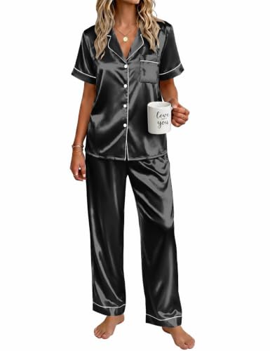 Ekouaer Womens Satin Pajama Set Silky Short Sleeve Button Down Pj Set - color: Black, size: Small