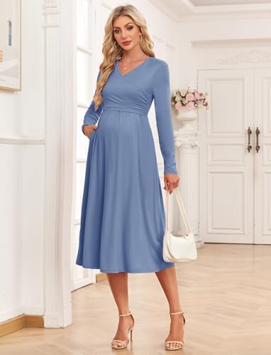AISWI Women's 2024 Fall Patchwork Maternity Nursing Dress with Pockets Long Sleeve V Neck Clothes Midi Pregnancy Dresses - color: Solid, Blue Grey, size: X-Large