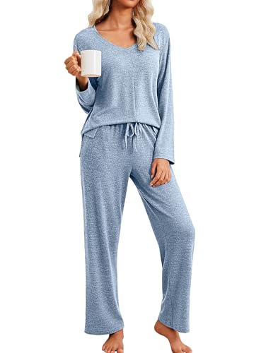 Ekouaer Fall Pajamas for Women Set Long Sleeve V Neck 2 Piece Lounge Sets - color: Light Blue, size: Small