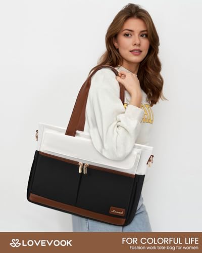 LOVEVOOK Upgrade Version Work Bags for Women 15.6 Inch Laptop Bag Large Capacity Mutiple Pockets Teacher Bag Water Resistant Canvas Tote Bag Purse for Office Travel College Nurse Teacher, Black Brown - color: Black&brown, size: Medium suitable for 15.6 in