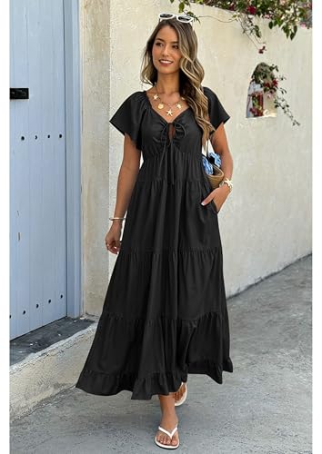 ECOWISH Womens Summer Maxi Dress 2026 Flutter Short Sleeve V Neck Tie Front Wedding Guest Vacation Tiered Flowy Dresses - color: Black, size: Medium