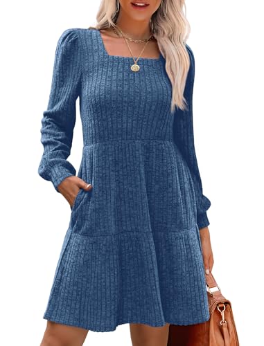Sampeel Womens Square Neck Long Sleeve Fall Dresses Casual Babydoll Sweater Dress - color: Blue, size: Medium