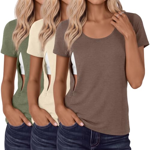 Huukeay 3 Pack Women's Nursing Shirts - color: Gray Green, Cream, Coffee, size: X-Large