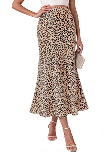BTFBM Silk Midi Skirts for Women 2026 Summer Fall - color: Leopard Print, size: Small