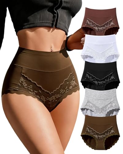 Annenmy Womens Cotton High Waisted Underwear Full Coverage Lace Panties Scalloped Edge Briefs 5 Pack Regular & Plus Size - color: Multicolora, size: Medium