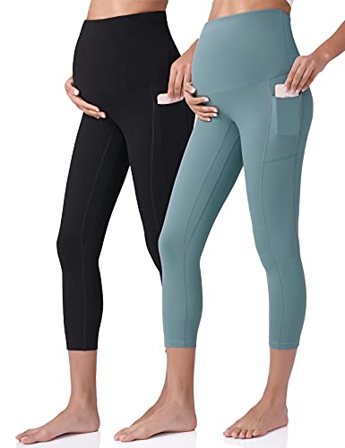 POSHDIVAH Maternity Capri Leggings with Pockets Pregnancy Workout Pants - color: Black Blue, size: Large