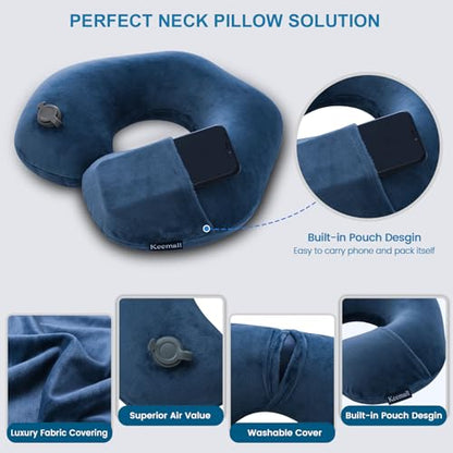 Keemall Inflatable Neck & Shoulder Travel Pillow for Airplane Naps - color: Deep Blue, size: Medium