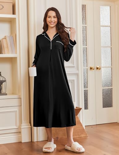 Ekouaer Long Sleeves Nightgowns for Women Button Down Night Gown - color: Black, size: Large