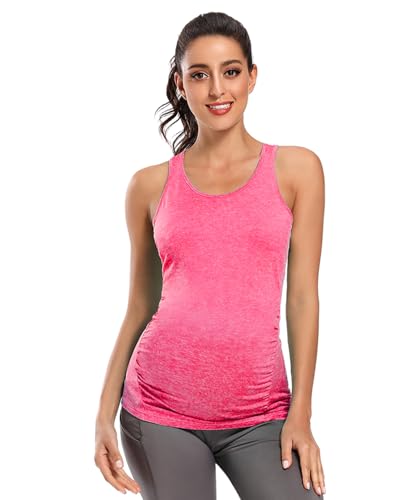 Ecavus Women's Maternity Tank Tops Racerback Ruched Workout Top - color: Heather Pink, size: Large