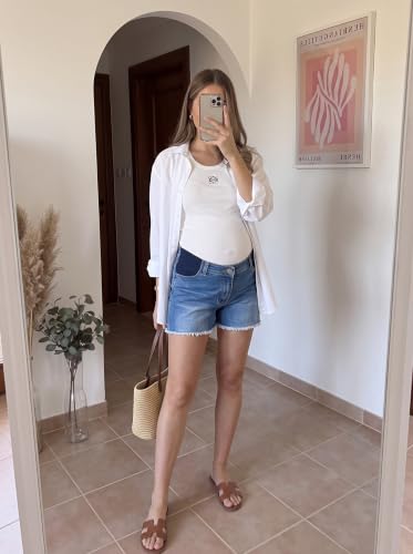 BLENCOT Maternity Jeans Shorts Frayed Hem Pregnancy Shorts Summer Clothes - color: Beau Blue, size: XX-Large