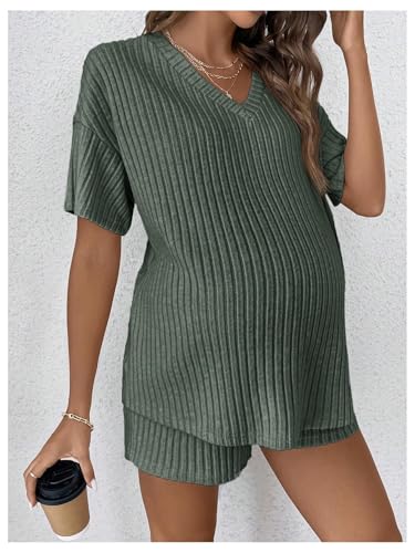 MakeMeChic Women's Maternity 2 Piece Sets Ribbed Shirt and Biker Shorts - color: Green a, size: Medium