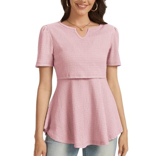Bearsland Women's Nursing Top Short Sleeve V-Neck Breastfeeding Shirts 3-Pack - color: Black & Pastel Pink & Light Blue, size: XX-Large